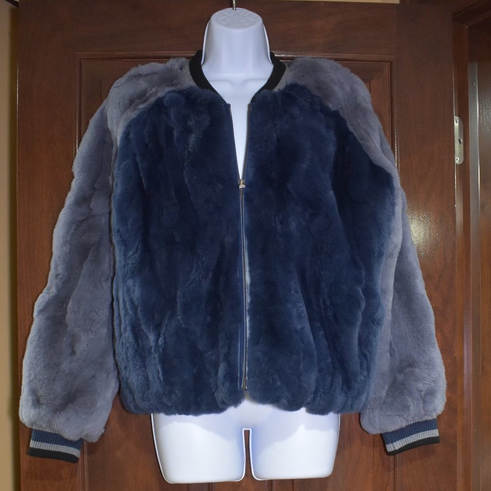 Heartloom Navy and Gray Faux Fur Bomber Jacket